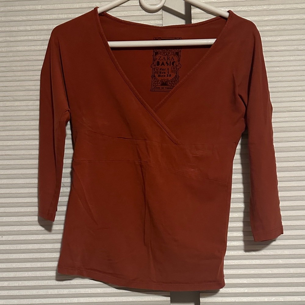 Zara Women's Deep Orange V-Neck Long Sleeve Top